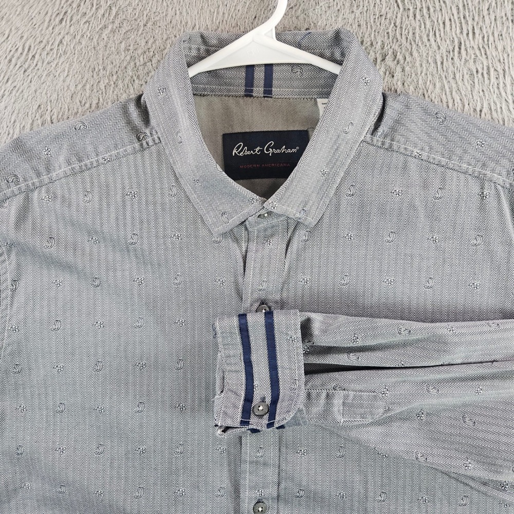 Robert Graham Mens XL Gray Herringbone Paisley Embroidered Tailored Fit Shirt